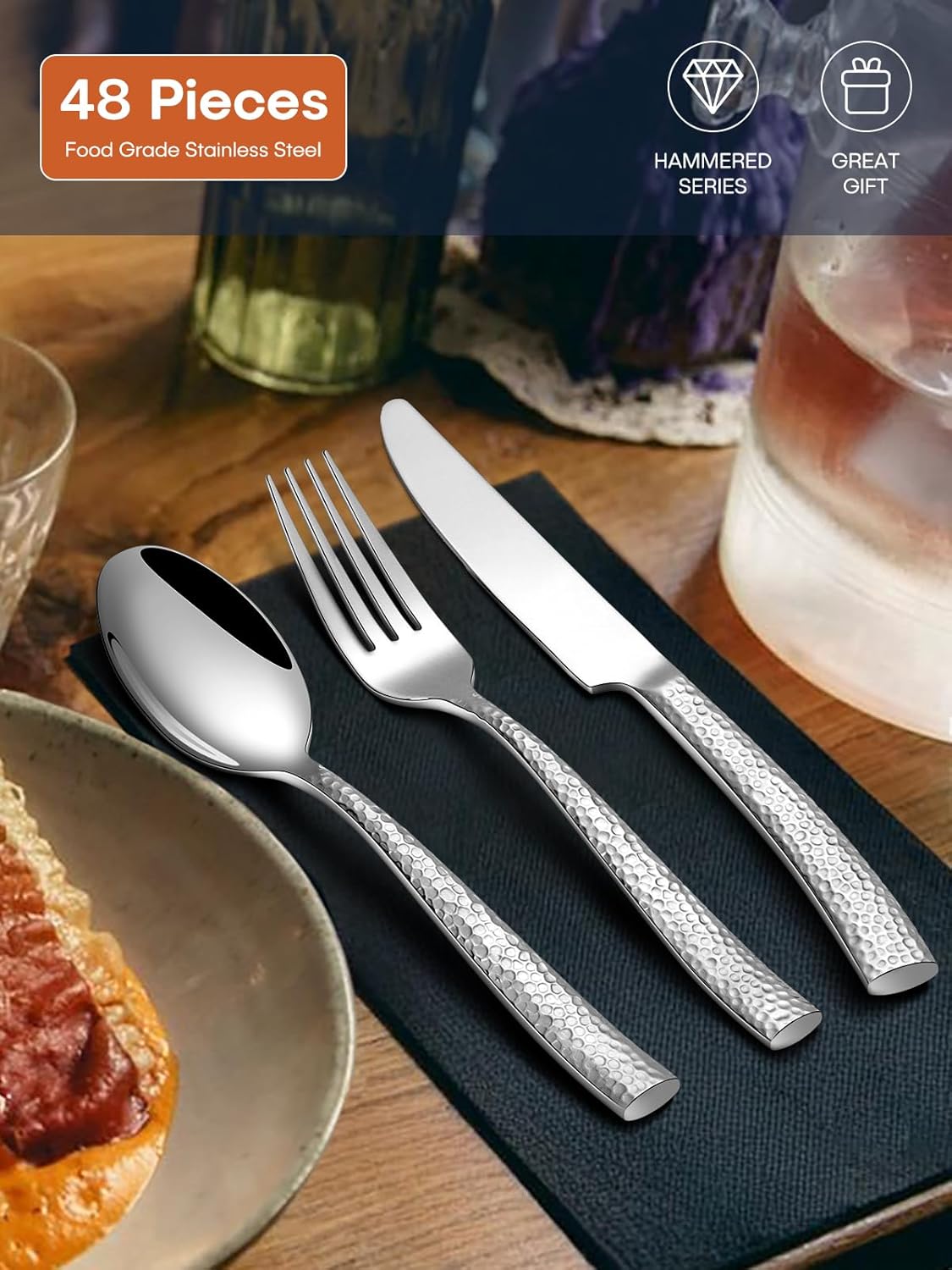 Stapava 48 Pcs Black Hammered Silverware Set with Steak Knives, Stainless Steel Flatware Set for 8, Mirror Cutlery Include Forks Spoons and Knives Set for Home Hotel, Dishwasher Safe Utensils