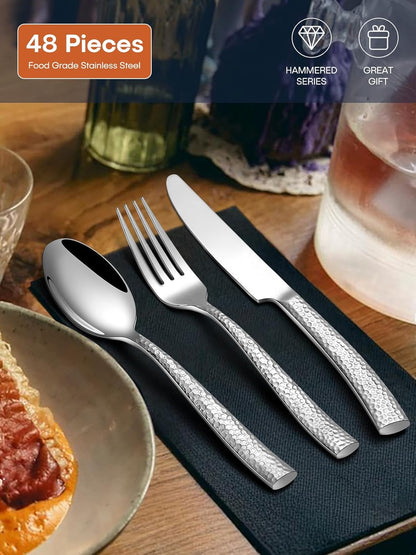Stapava 48 Pcs Black Hammered Silverware Set with Steak Knives, Stainless Steel Flatware Set for 8, Mirror Cutlery Include Forks Spoons and Knives Set for Home Hotel, Dishwasher Safe Utensils