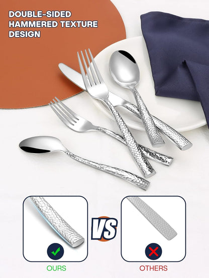 Stapava 48 Pcs Black Hammered Silverware Set with Steak Knives, Stainless Steel Flatware Set for 8, Mirror Cutlery Include Forks Spoons and Knives Set for Home Hotel, Dishwasher Safe Utensils