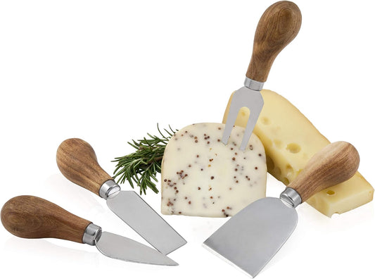 Gourmet 4-Piece Stainless Steel Cheese Knife Set with Acacia Wood Handles for Charcuterie Board, Includes 3 Knives & 1 Fork, Hosting Essentials