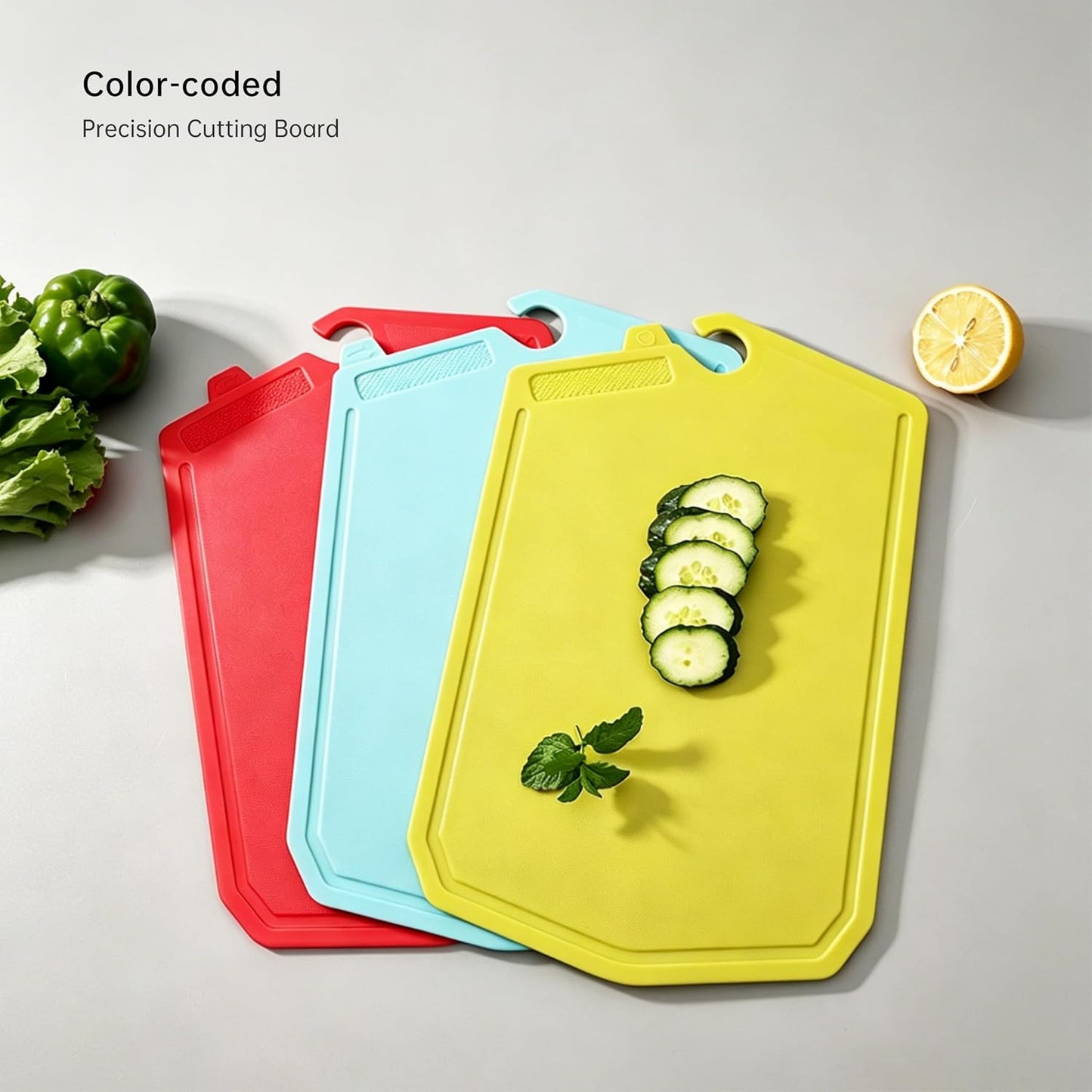 Plastic Cutting Boards for Kitchen 3-Pack, Cutting Boards with Hanging Handles & Juice Grooves, Apartment Essentials for Daily Meal Prep, Red Blue Green Set