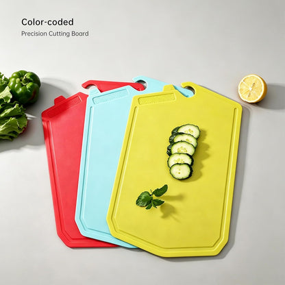 Plastic Cutting Boards for Kitchen 3-Pack, Cutting Boards with Hanging Handles & Juice Grooves, Apartment Essentials for Daily Meal Prep, Red Blue Green Set