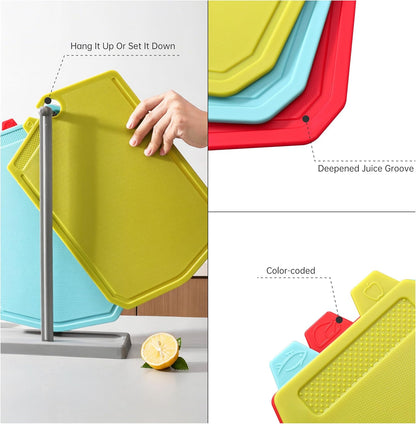 Plastic Cutting Boards for Kitchen 3-Pack, Cutting Boards with Hanging Handles & Juice Grooves, Apartment Essentials for Daily Meal Prep, Red Blue Green Set