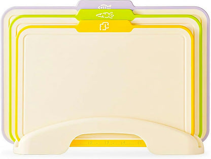 Plastic Cutting Boards for Kitchen 3-Pack, Cutting Boards with Hanging Handles & Juice Grooves, Apartment Essentials for Daily Meal Prep, Red Blue Green Set