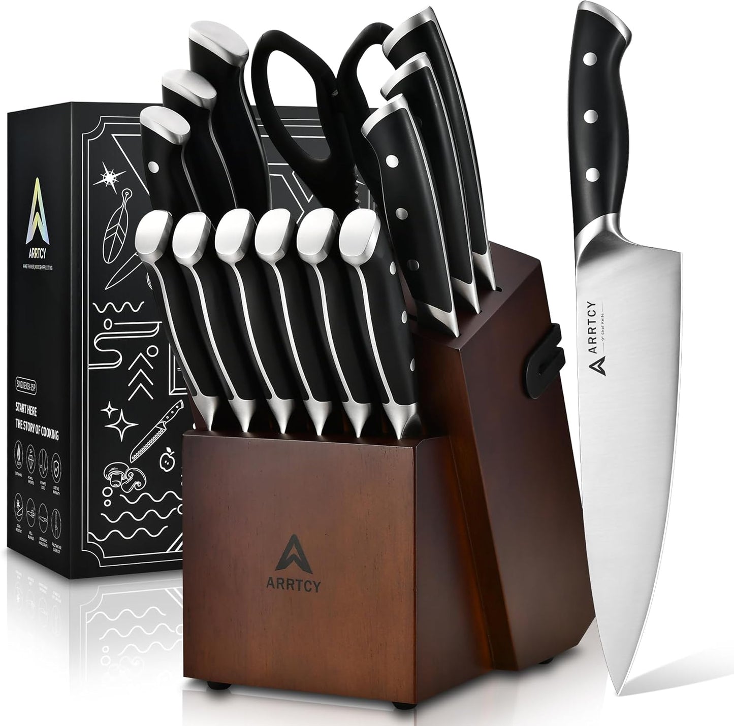 Knife Set with Block, Kitchen Knife Set 15-Piece with Sharpener - High Carbon Stainless Steel Dishwasher Safe Knives with Ergonomic Handles for Chef & Home