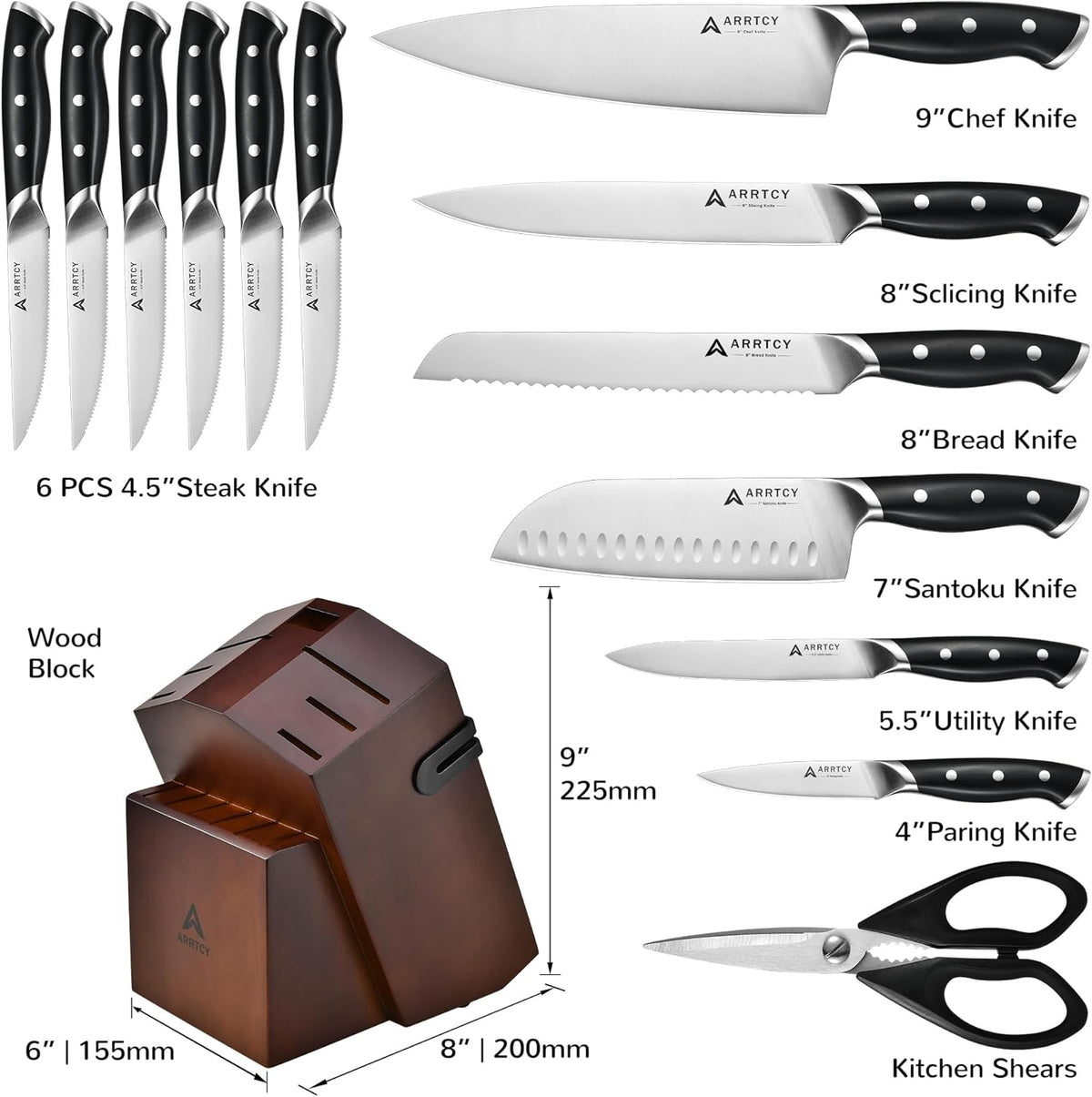 Knife Set with Block, Kitchen Knife Set 15-Piece with Sharpener - High Carbon Stainless Steel Dishwasher Safe Knives with Ergonomic Handles for Chef & Home