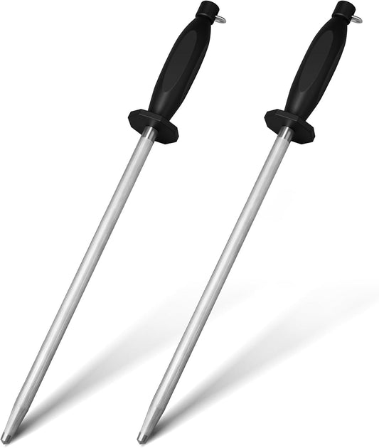 2 Pack Carbon Steel Honing Rod Set, 12 Inch Knife Sharpening Rods – Professional Sharpening Steel with Nickel-chrome Plating, Non-slip Handle for Kitchen & Chef Knives