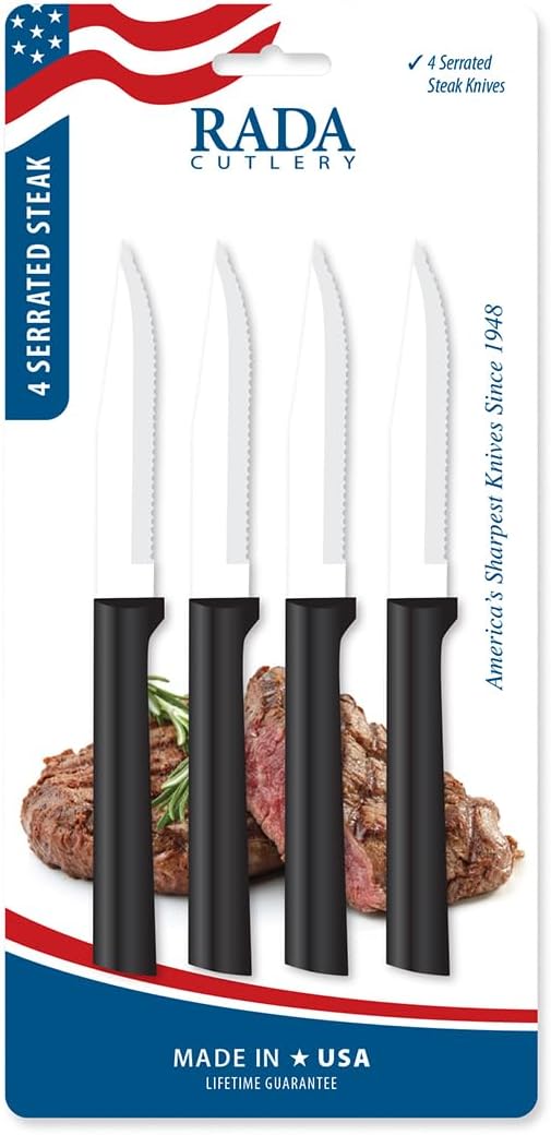 Cutlery Four Serrated Steak Knives ProPack (DG24S), Black Handle | 4-Piece Knife Set, Stainless Steel Blades, Black Resin Handle