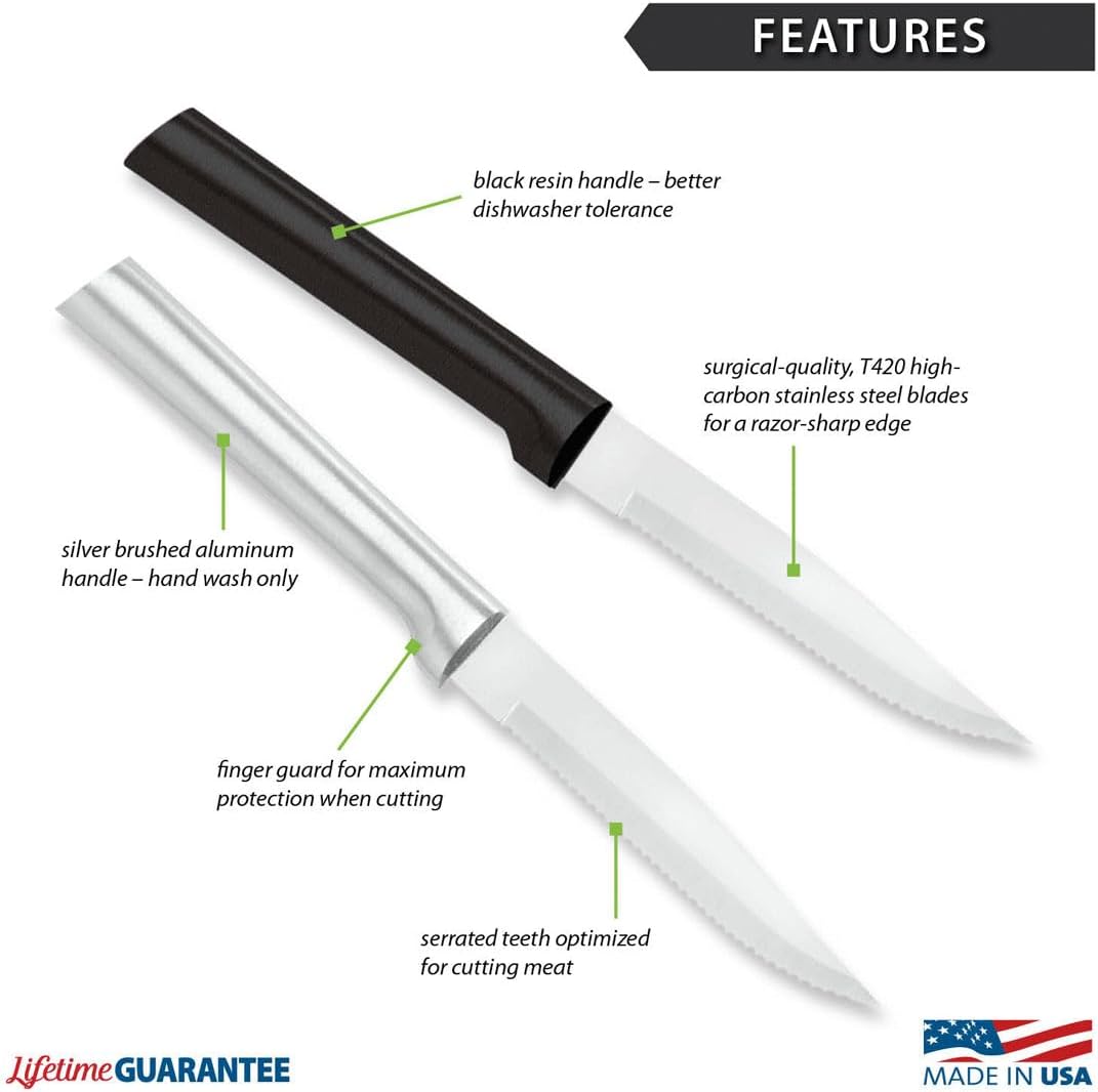 Cutlery Four Serrated Steak Knives ProPack (DG24S), Black Handle | 4-Piece Knife Set, Stainless Steel Blades, Black Resin Handle