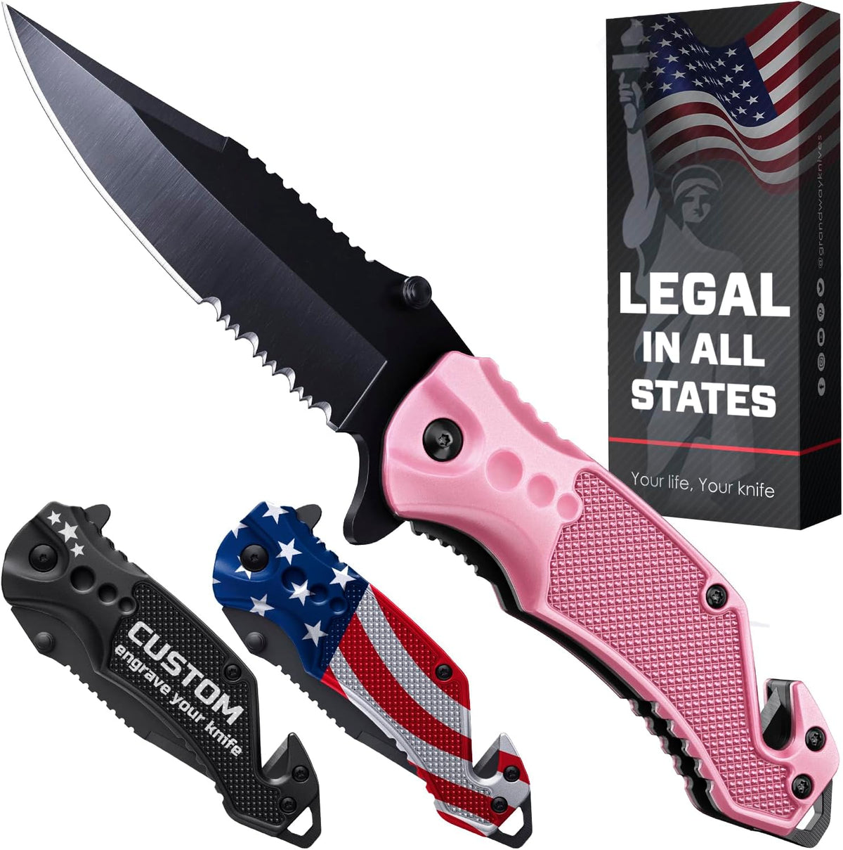 Legal Pocket Knife with 2.95” Serrated Blade, Glass Breaker, Seat Belt Cutter - EDC Sharp Folding Knives with Portable Clip - Small Tool for Tactical Camping Survival Hiking - Gifts for Men, Women