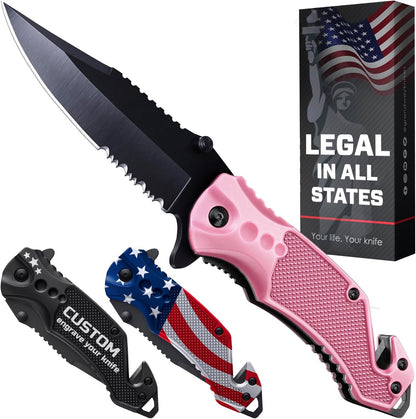 Legal Pocket Knife with 2.95” Serrated Blade, Glass Breaker, Seat Belt Cutter - EDC Sharp Folding Knives with Portable Clip - Small Tool for Tactical Camping Survival Hiking - Gifts for Men, Women
