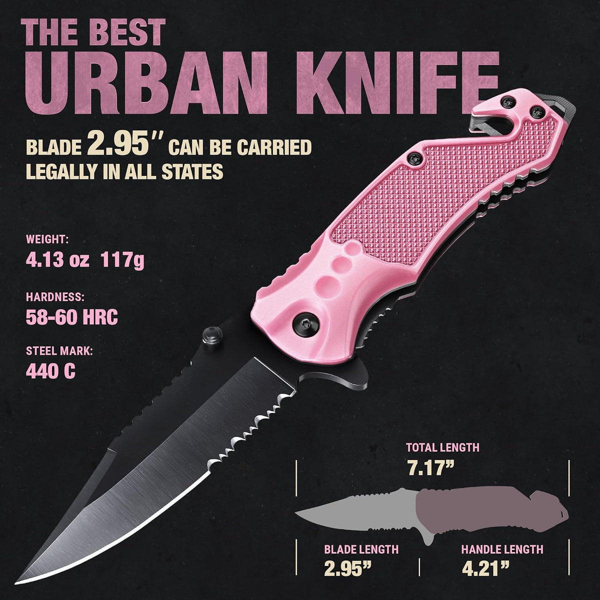 Legal Pocket Knife with 2.95” Serrated Blade, Glass Breaker, Seat Belt Cutter - EDC Sharp Folding Knives with Portable Clip - Small Tool for Tactical Camping Survival Hiking - Gifts for Men, Women