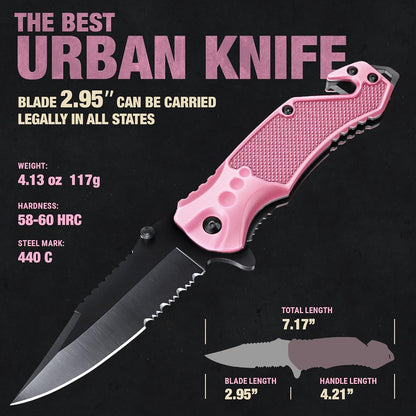 Legal Pocket Knife with 2.95” Serrated Blade, Glass Breaker, Seat Belt Cutter - EDC Sharp Folding Knives with Portable Clip - Small Tool for Tactical Camping Survival Hiking - Gifts for Men, Women