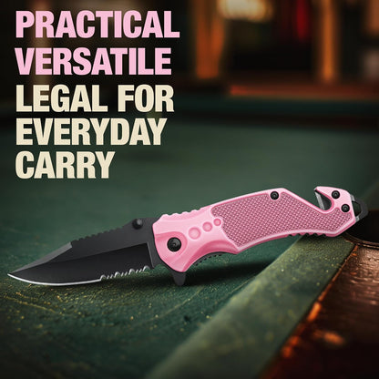 Legal Pocket Knife with 2.95” Serrated Blade, Glass Breaker, Seat Belt Cutter - EDC Sharp Folding Knives with Portable Clip - Small Tool for Tactical Camping Survival Hiking - Gifts for Men, Women