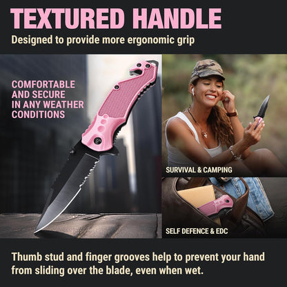 Legal Pocket Knife with 2.95” Serrated Blade, Glass Breaker, Seat Belt Cutter - EDC Sharp Folding Knives with Portable Clip - Small Tool for Tactical Camping Survival Hiking - Gifts for Men, Women