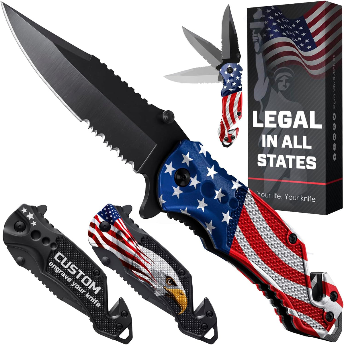 Legal Pocket Knife with 2.95” Serrated Blade, Glass Breaker, Seat Belt Cutter - EDC Sharp Folding Knives with Portable Clip - Small Tool for Tactical Camping Survival Hiking - Gifts for Men, Women