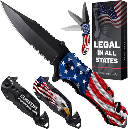 Legal Pocket Knife with 2.95” Serrated Blade, Glass Breaker, Seat Belt Cutter - EDC Sharp Folding Knives with Portable Clip - Small Tool for Tactical Camping Survival Hiking - Gifts for Men, Women