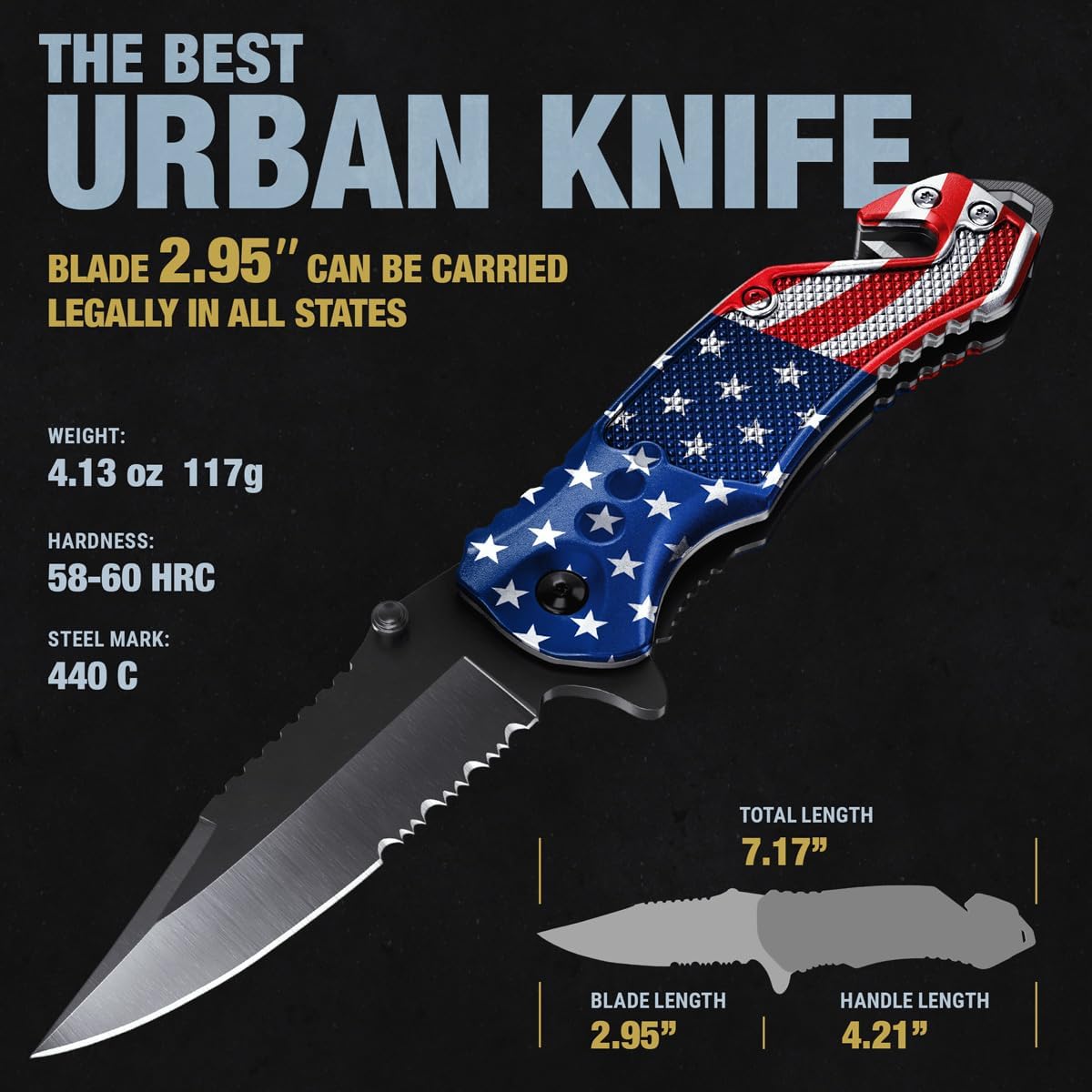 Legal Pocket Knife with 2.95” Serrated Blade, Glass Breaker, Seat Belt Cutter - EDC Sharp Folding Knives with Portable Clip - Small Tool for Tactical Camping Survival Hiking - Gifts for Men, Women