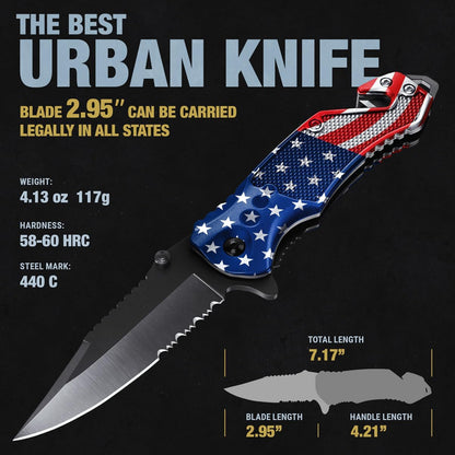 Legal Pocket Knife with 2.95” Serrated Blade, Glass Breaker, Seat Belt Cutter - EDC Sharp Folding Knives with Portable Clip - Small Tool for Tactical Camping Survival Hiking - Gifts for Men, Women