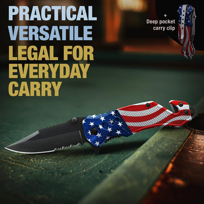 Legal Pocket Knife with 2.95” Serrated Blade, Glass Breaker, Seat Belt Cutter - EDC Sharp Folding Knives with Portable Clip - Small Tool for Tactical Camping Survival Hiking - Gifts for Men, Women