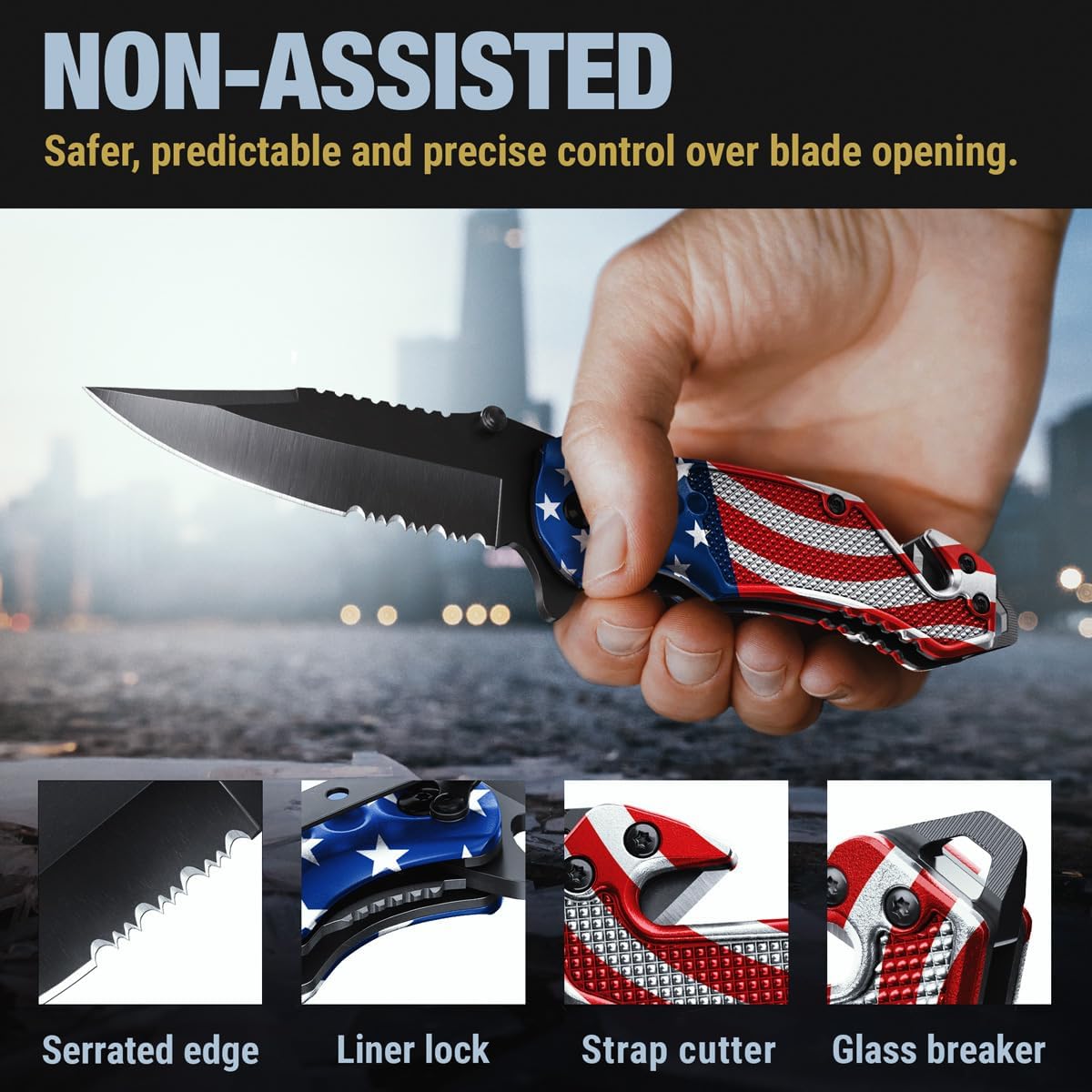 Legal Pocket Knife with 2.95” Serrated Blade, Glass Breaker, Seat Belt Cutter - EDC Sharp Folding Knives with Portable Clip - Small Tool for Tactical Camping Survival Hiking - Gifts for Men, Women