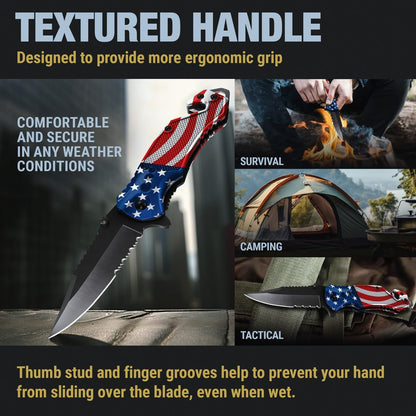 Legal Pocket Knife with 2.95” Serrated Blade, Glass Breaker, Seat Belt Cutter - EDC Sharp Folding Knives with Portable Clip - Small Tool for Tactical Camping Survival Hiking - Gifts for Men, Women