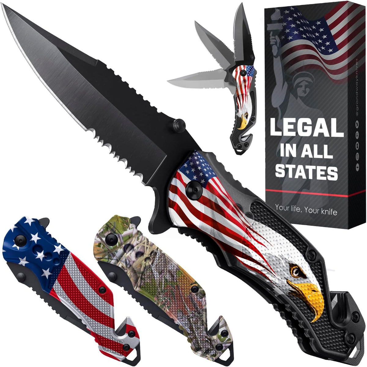 Legal Pocket Knife with 2.95” Serrated Blade, Glass Breaker, Seat Belt Cutter - EDC Sharp Folding Knives with Portable Clip - Small Tool for Tactical Camping Survival Hiking - Gifts for Men, Women
