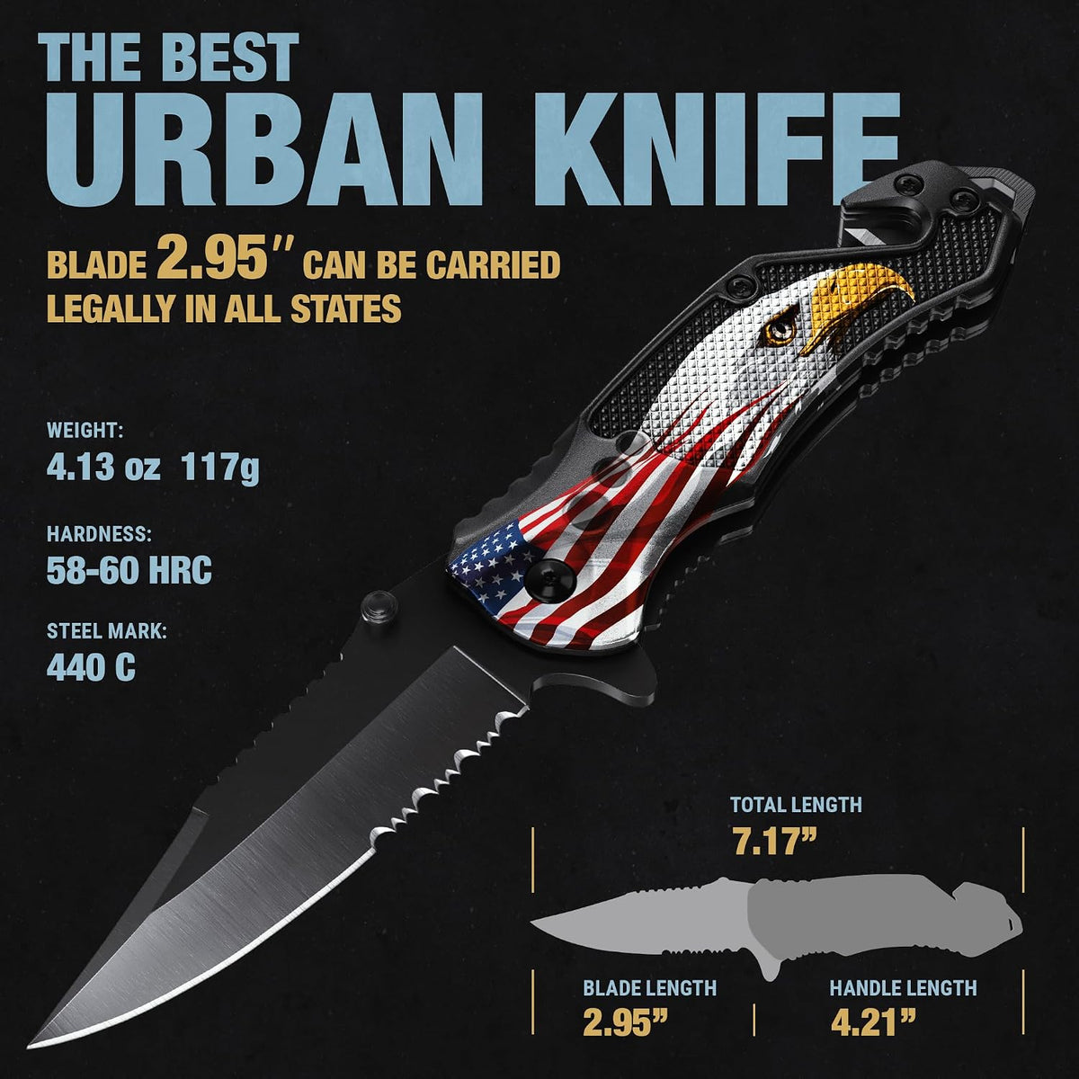 Legal Pocket Knife with 2.95” Serrated Blade, Glass Breaker, Seat Belt Cutter - EDC Sharp Folding Knives with Portable Clip - Small Tool for Tactical Camping Survival Hiking - Gifts for Men, Women