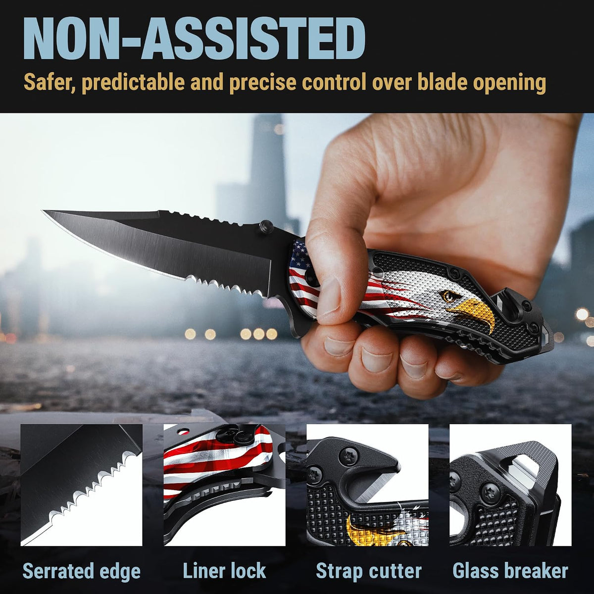 Legal Pocket Knife with 2.95” Serrated Blade, Glass Breaker, Seat Belt Cutter - EDC Sharp Folding Knives with Portable Clip - Small Tool for Tactical Camping Survival Hiking - Gifts for Men, Women