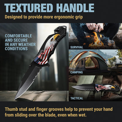 Legal Pocket Knife with 2.95” Serrated Blade, Glass Breaker, Seat Belt Cutter - EDC Sharp Folding Knives with Portable Clip - Small Tool for Tactical Camping Survival Hiking - Gifts for Men, Women