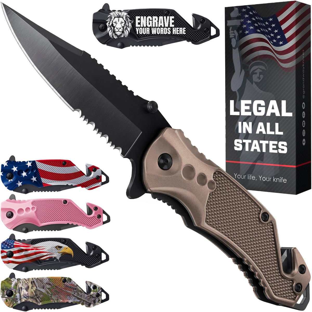 Legal Pocket Knife with 2.95” Serrated Blade, Glass Breaker, Seat Belt Cutter - EDC Sharp Folding Knives with Portable Clip - Small Tool for Tactical Camping Survival Hiking - Gifts for Men, Women