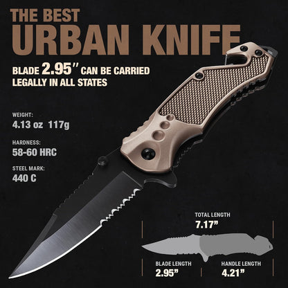 Legal Pocket Knife with 2.95” Serrated Blade, Glass Breaker, Seat Belt Cutter - EDC Sharp Folding Knives with Portable Clip - Small Tool for Tactical Camping Survival Hiking - Gifts for Men, Women