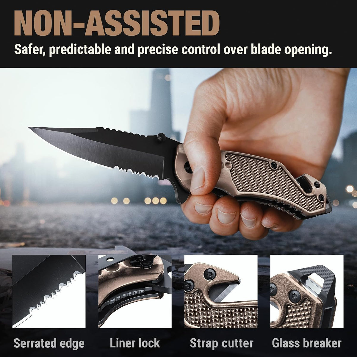 Legal Pocket Knife with 2.95” Serrated Blade, Glass Breaker, Seat Belt Cutter - EDC Sharp Folding Knives with Portable Clip - Small Tool for Tactical Camping Survival Hiking - Gifts for Men, Women