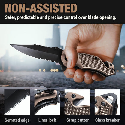 Legal Pocket Knife with 2.95” Serrated Blade, Glass Breaker, Seat Belt Cutter - EDC Sharp Folding Knives with Portable Clip - Small Tool for Tactical Camping Survival Hiking - Gifts for Men, Women