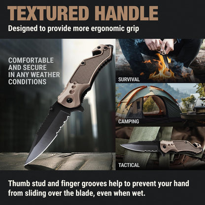 Legal Pocket Knife with 2.95” Serrated Blade, Glass Breaker, Seat Belt Cutter - EDC Sharp Folding Knives with Portable Clip - Small Tool for Tactical Camping Survival Hiking - Gifts for Men, Women