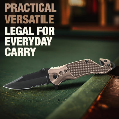 Legal Pocket Knife with 2.95” Serrated Blade, Glass Breaker, Seat Belt Cutter - EDC Sharp Folding Knives with Portable Clip - Small Tool for Tactical Camping Survival Hiking - Gifts for Men, Women