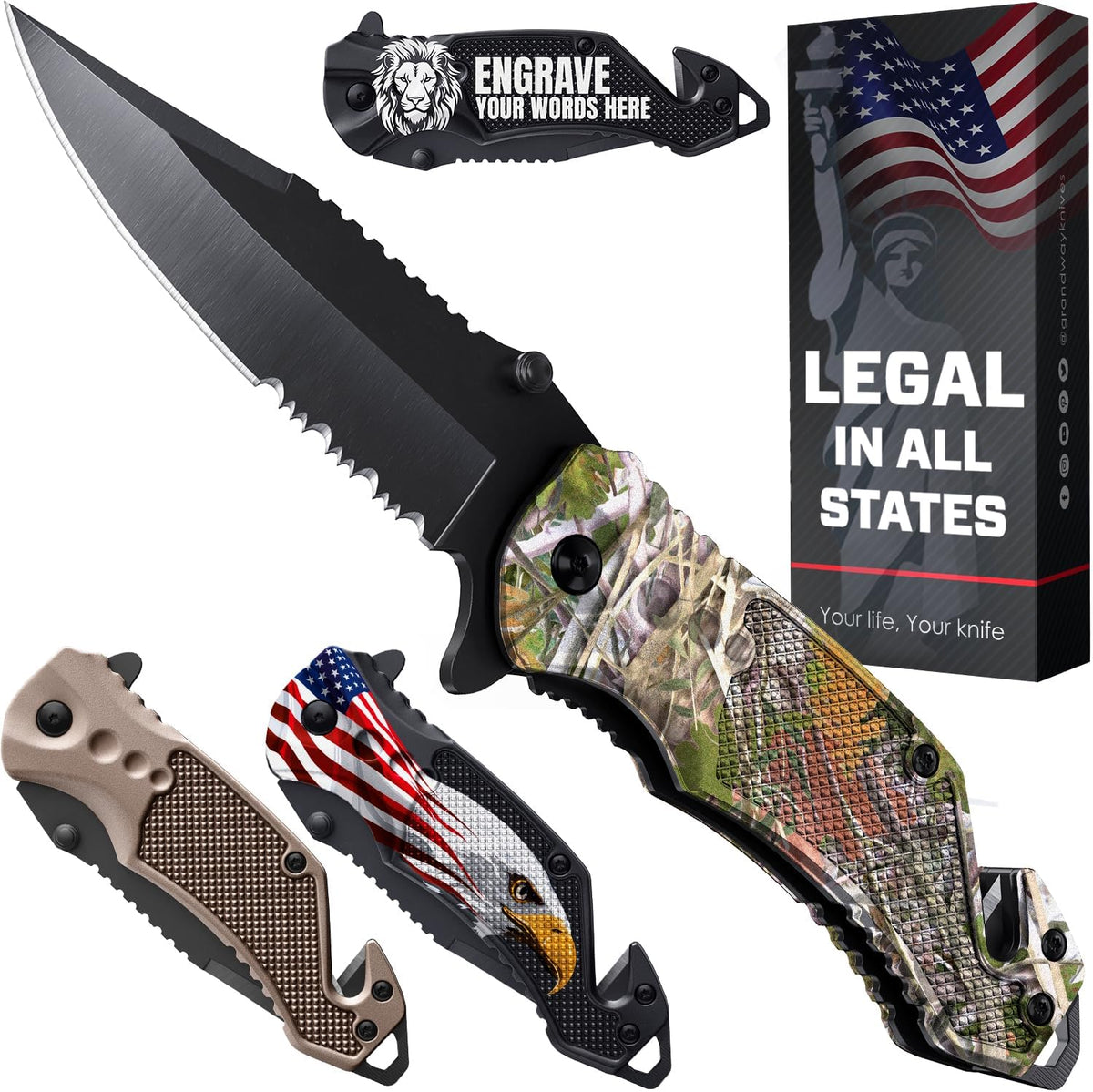 Legal Pocket Knife with 2.95” Serrated Blade, Glass Breaker, Seat Belt Cutter - EDC Sharp Folding Knives with Portable Clip - Small Tool for Tactical Camping Survival Hiking - Gifts for Men, Women