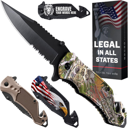 Legal Pocket Knife with 2.95” Serrated Blade, Glass Breaker, Seat Belt Cutter - EDC Sharp Folding Knives with Portable Clip - Small Tool for Tactical Camping Survival Hiking - Gifts for Men, Women