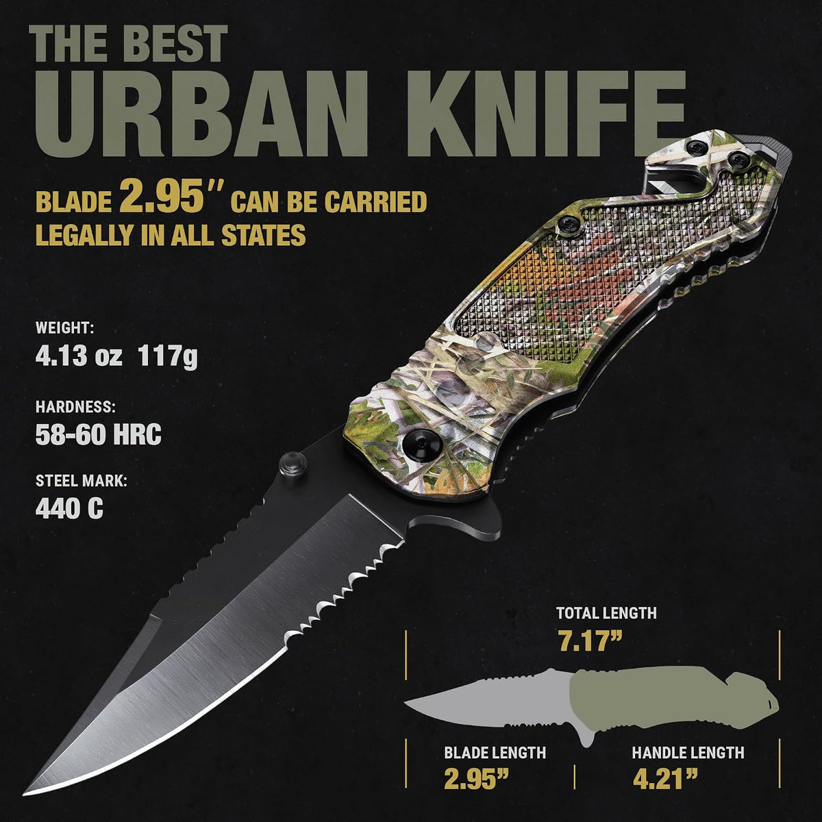 Legal Pocket Knife with 2.95” Serrated Blade, Glass Breaker, Seat Belt Cutter - EDC Sharp Folding Knives with Portable Clip - Small Tool for Tactical Camping Survival Hiking - Gifts for Men, Women