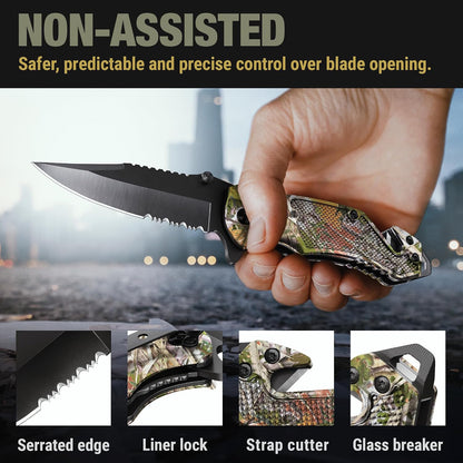 Legal Pocket Knife with 2.95” Serrated Blade, Glass Breaker, Seat Belt Cutter - EDC Sharp Folding Knives with Portable Clip - Small Tool for Tactical Camping Survival Hiking - Gifts for Men, Women