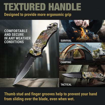 Legal Pocket Knife with 2.95” Serrated Blade, Glass Breaker, Seat Belt Cutter - EDC Sharp Folding Knives with Portable Clip - Small Tool for Tactical Camping Survival Hiking - Gifts for Men, Women