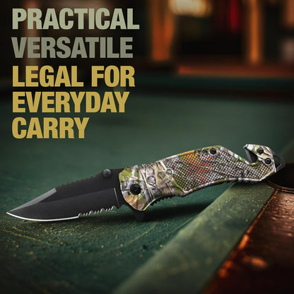 Legal Pocket Knife with 2.95” Serrated Blade, Glass Breaker, Seat Belt Cutter - EDC Sharp Folding Knives with Portable Clip - Small Tool for Tactical Camping Survival Hiking - Gifts for Men, Women