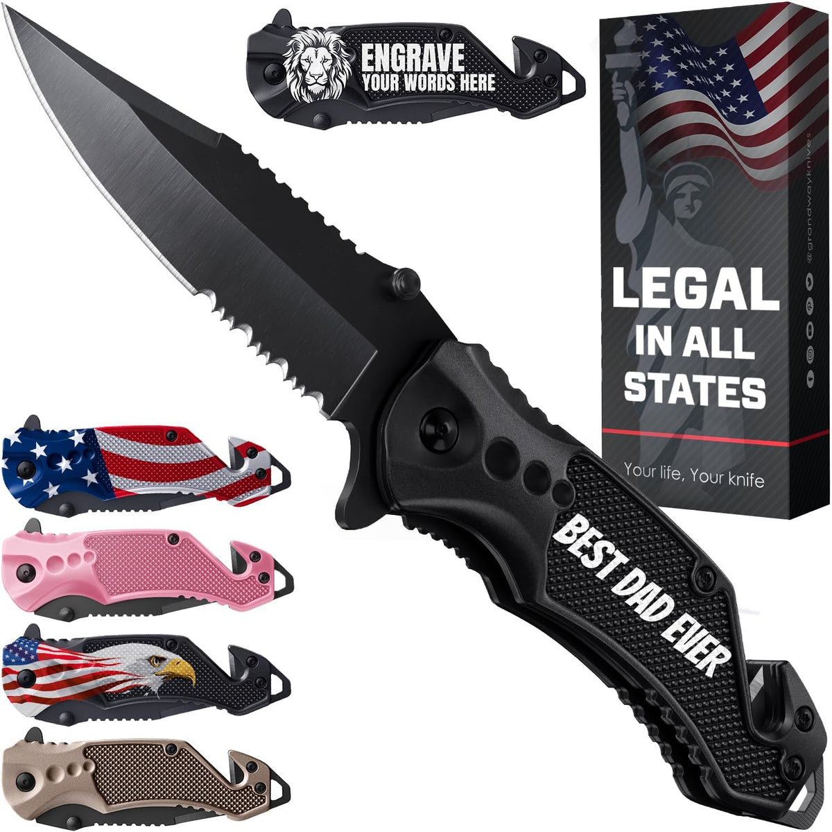Legal Pocket Knife with 2.95” Serrated Blade, Glass Breaker, Seat Belt Cutter - EDC Sharp Folding Knives with Portable Clip - Small Tool for Tactical Camping Survival Hiking - Gifts for Men, Women