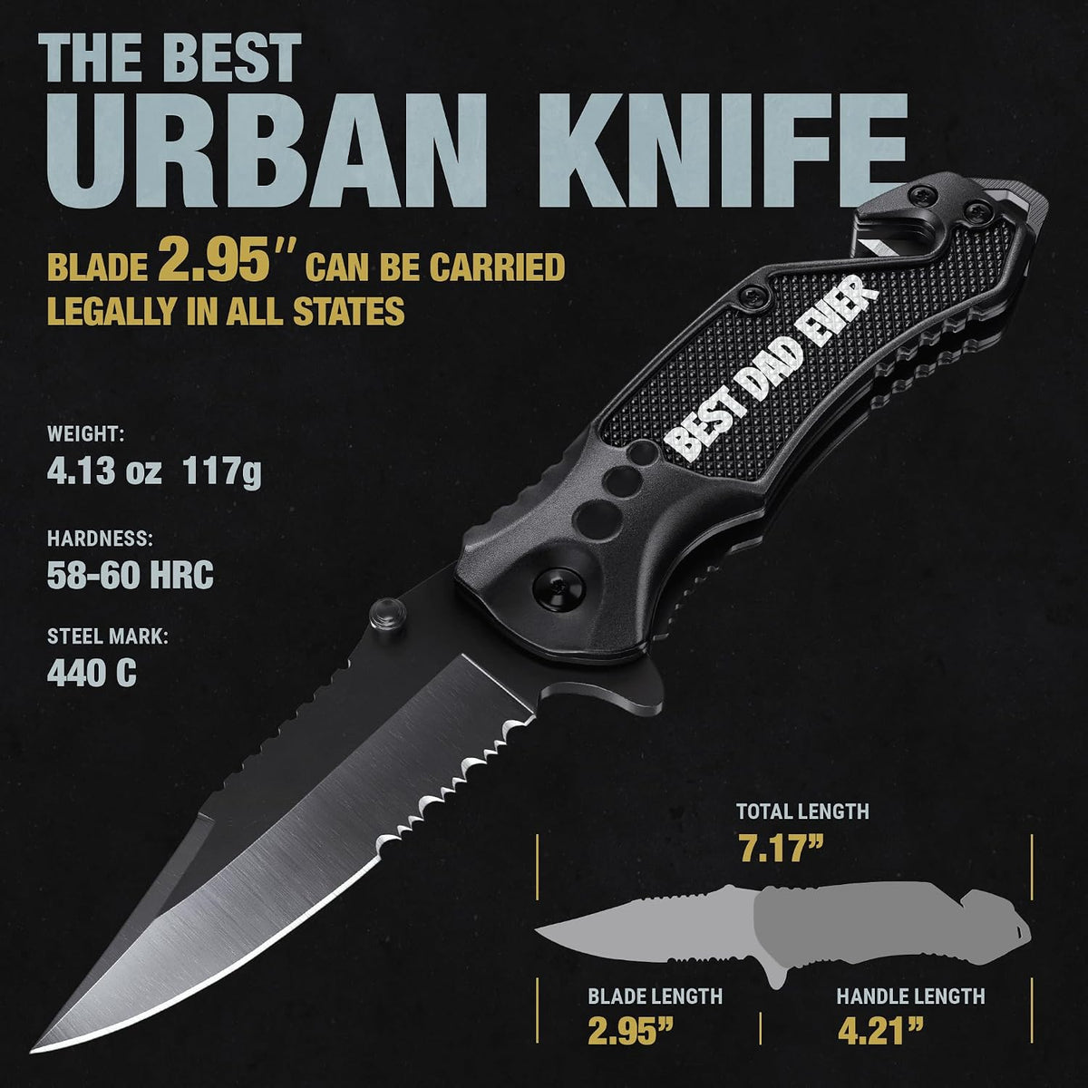 Legal Pocket Knife with 2.95” Serrated Blade, Glass Breaker, Seat Belt Cutter - EDC Sharp Folding Knives with Portable Clip - Small Tool for Tactical Camping Survival Hiking - Gifts for Men, Women
