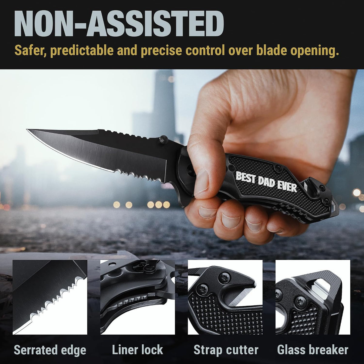 Legal Pocket Knife with 2.95” Serrated Blade, Glass Breaker, Seat Belt Cutter - EDC Sharp Folding Knives with Portable Clip - Small Tool for Tactical Camping Survival Hiking - Gifts for Men, Women