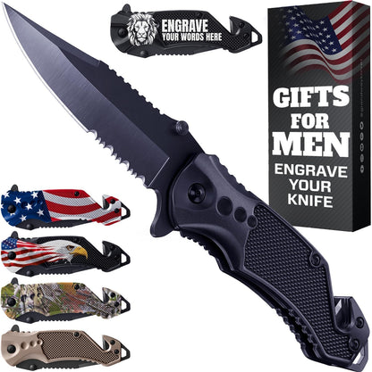 Legal Pocket Knife with 2.95” Serrated Blade, Glass Breaker, Seat Belt Cutter - EDC Sharp Folding Knives with Portable Clip - Small Tool for Tactical Camping Survival Hiking - Gifts for Men, Women