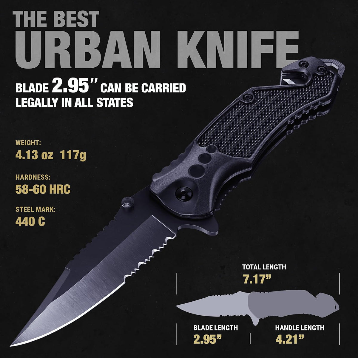 Legal Pocket Knife with 2.95” Serrated Blade, Glass Breaker, Seat Belt Cutter - EDC Sharp Folding Knives with Portable Clip - Small Tool for Tactical Camping Survival Hiking - Gifts for Men, Women