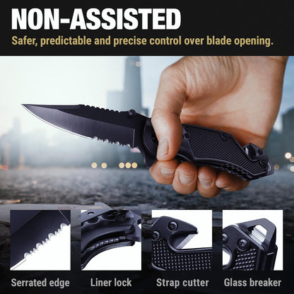 Legal Pocket Knife with 2.95” Serrated Blade, Glass Breaker, Seat Belt Cutter - EDC Sharp Folding Knives with Portable Clip - Small Tool for Tactical Camping Survival Hiking - Gifts for Men, Women