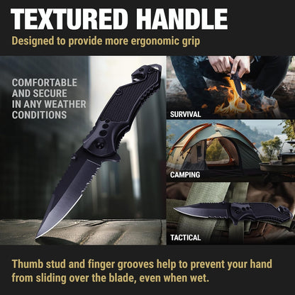 Legal Pocket Knife with 2.95” Serrated Blade, Glass Breaker, Seat Belt Cutter - EDC Sharp Folding Knives with Portable Clip - Small Tool for Tactical Camping Survival Hiking - Gifts for Men, Women