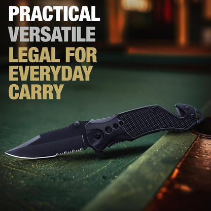 Legal Pocket Knife with 2.95” Serrated Blade, Glass Breaker, Seat Belt Cutter - EDC Sharp Folding Knives with Portable Clip - Small Tool for Tactical Camping Survival Hiking - Gifts for Men, Women